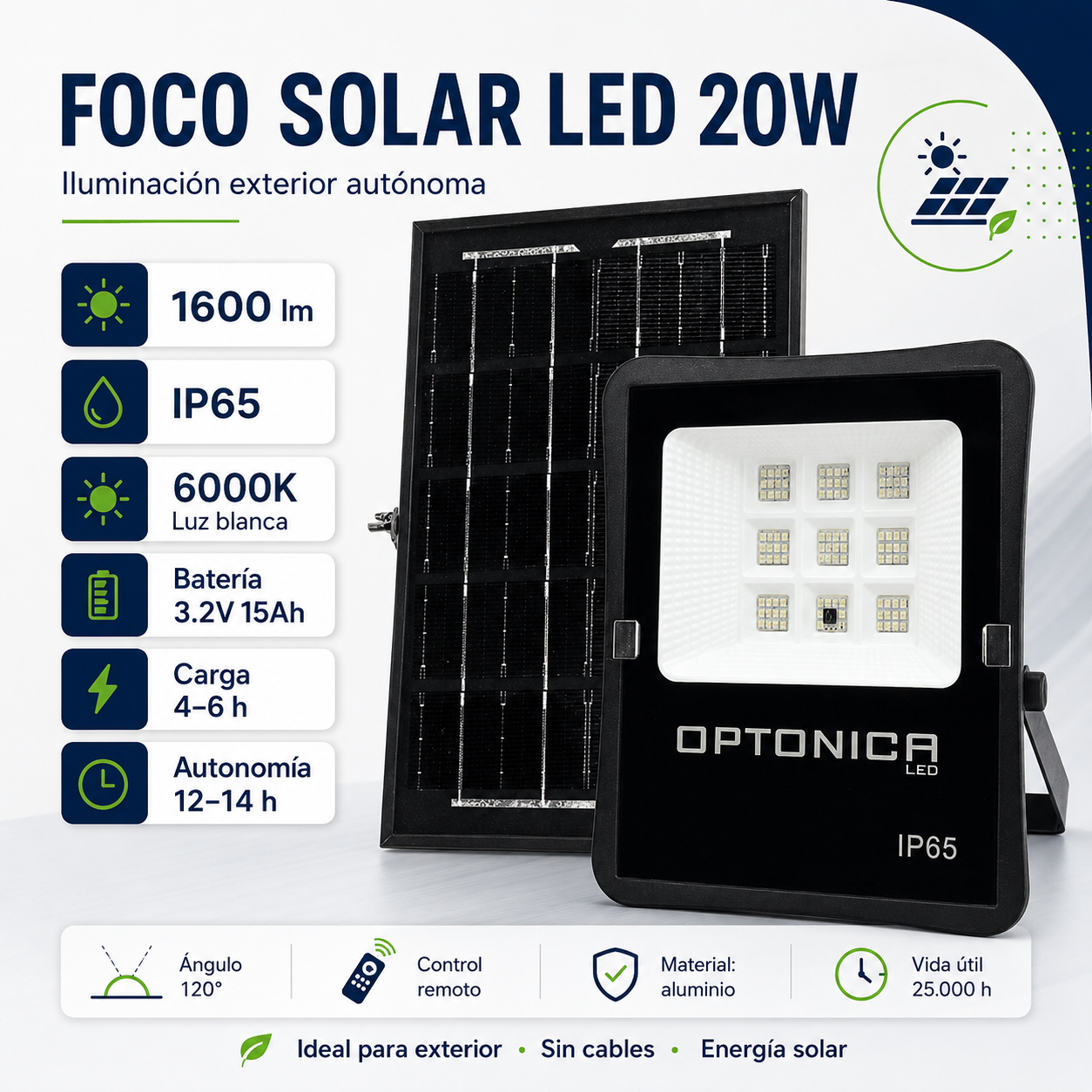 Proyector Solar LED 20W con Panel Independiente