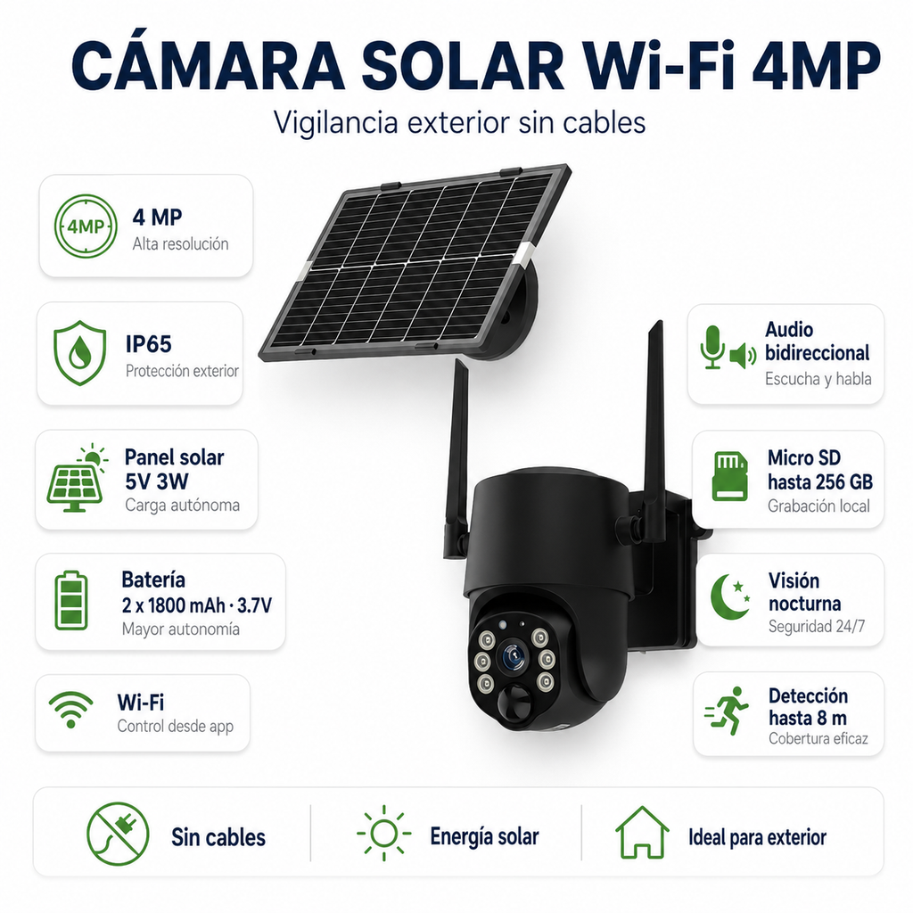 Cámara Solar WiFi 4MP con Visión Nocturna