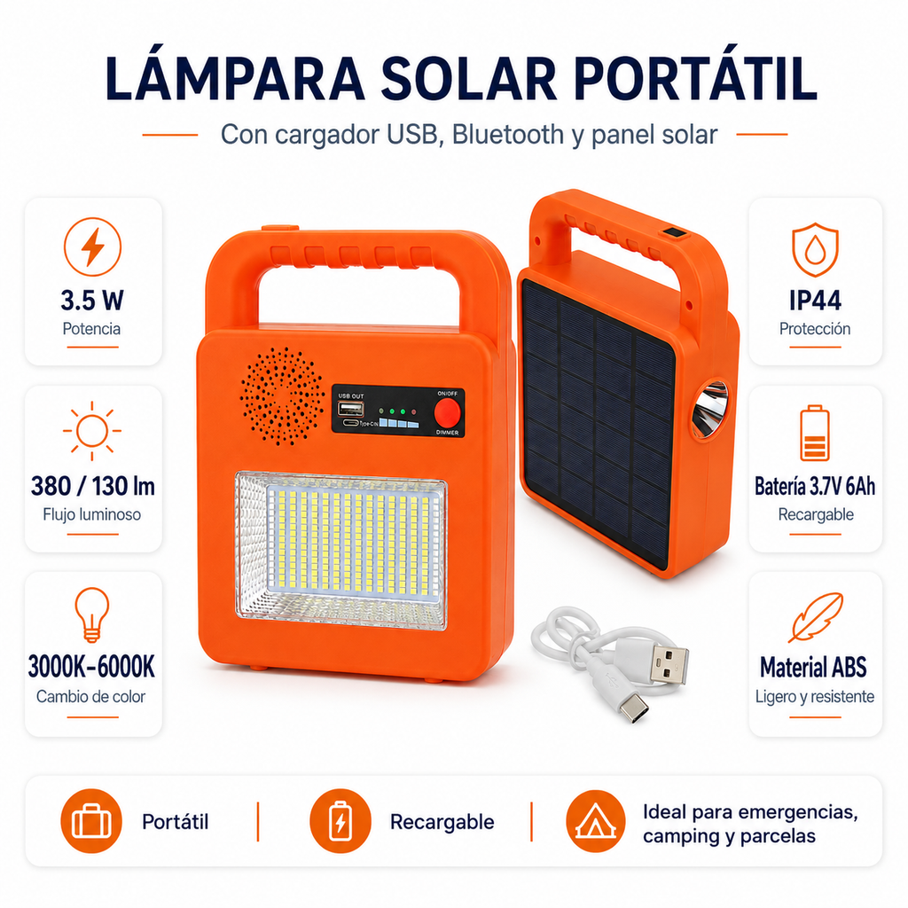 Linterna Solar Portátil 3,5W con USB y Bluetooth