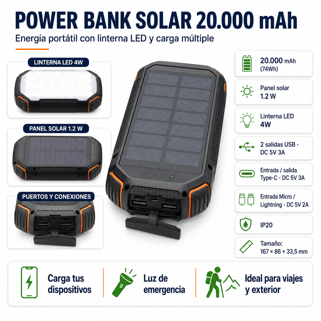 Power Bank Solar 20.000mAh con Linterna LED